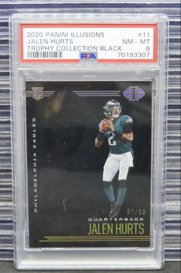 2020 Panini Illusions Jalen Hurts 11 Trophy Collection Black Rookie Card RC /50 PSA 8