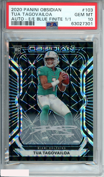 2020 PANINI OBSIDIAN TUA TAGOVAILOA #103 RC AUTO BLUE FINITE 1 OF 1 PSA 10 GEM