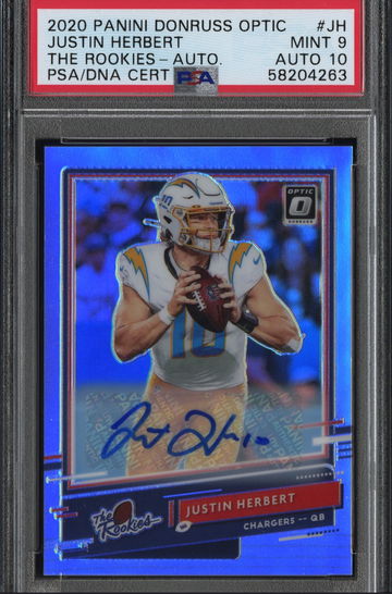 2020 Justin Herbert Donruss Optic ‘The Rookies’ Holo Auto /35. PSA 9, Pop 1