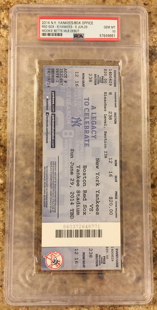 Mookie Betts Debut Ticket, 1st Game, 1st Hit 6/29/14 PSA 10 GEM MINT POP 6