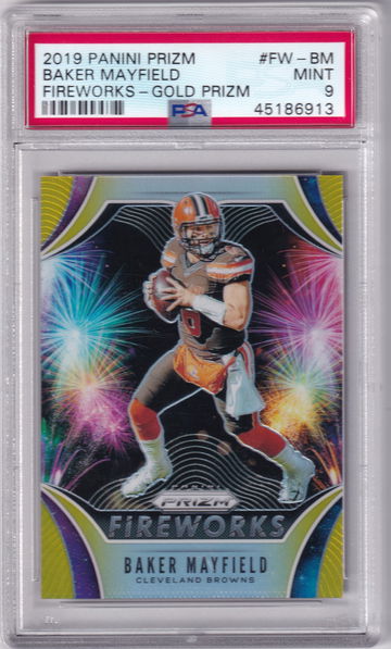 2019 Panini Prizm Baker Mayfield Fireworks Gold Prizm /10 PSA 9
