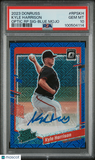 2023 Panini Donruss Optic Rated Prospect Signatures Kyle Harrison #RPSKH RP Blue Mojo PSA 10