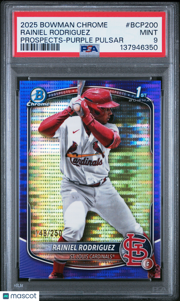 2025 Bowman Chrome Prospects Rainiel Rodriguez #BCP200 Purple Pulsar /250 Rookie PSA 9