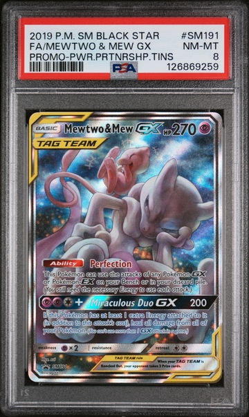 2019 Pokemon Sun and Moon Black Star Promo Power Partnership Tins Mew/Mewtwo Gx #SM191 PSA 8