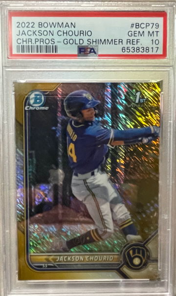 2022 BOWMAN CHROME PROSPECTS GOLD SHIMMER REFRACTORS JACKSON CHOURIO RC /50 PSA 10 GEM 1/1!