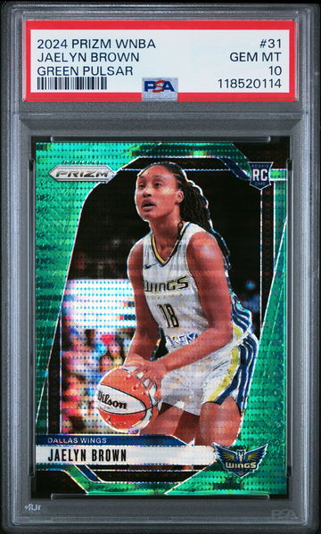 2024 PANINI PRIZM WNBA JAELYN BROWN #/25 GREEN PULSAR #31 RC ROOKIE PSA 10