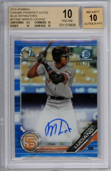 2019 Bowman Chrome Marco Luciano Blue Refractor Auto 6/150 BGS 10 Auto 10