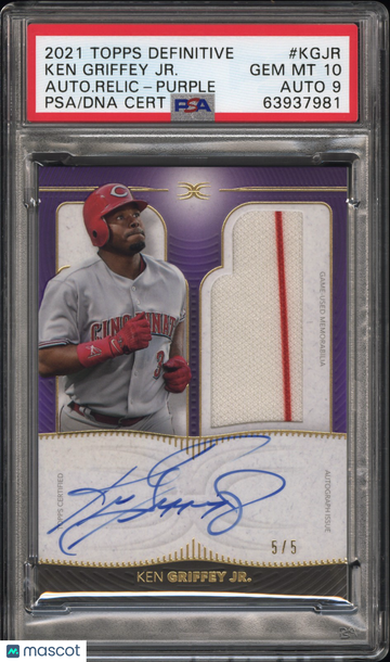 2021 Topps Definitive Autographed Relic Ken Griffey JR. #KGJR Autograph Relic Purple /5 PSA 10 Auto 9