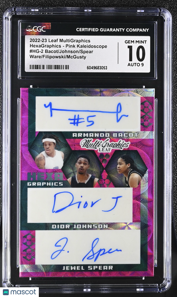 2022-23 Leaf MultiGraphics Bacot/Johnson/Spear #HG-2 Ware/Filipowski/McGusty /15 HexaGraphics - Pink Kaleidoscope CGC 10