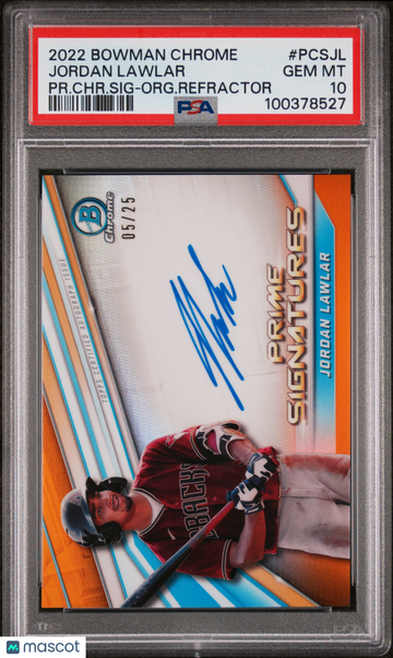 2022 Bowman Chrome Prime Chrome Signatures Jordan Lawlar #PCSJL PR. CHR. SIG Org. Refractor /25 PSA 10