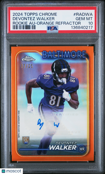 2024 Topps Chrome Rookie Autographs Variations Devontez Walker #RADWA Orange Refractor /25 PSA 10