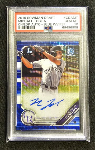 2019 Bowman Chrome Michael Toglia Blue Wave Refractor Auto Autograph PSA 10 #d 150