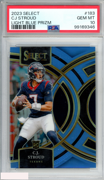 2023 PANINI SELECT CJ STROUD #183 LIGHT BLUE PRIZM 38 OF 99 ROOKIE RC PSA 10