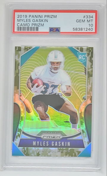 2019 PRIZM MYLES GASKIN CAMO PRIZM SSP RC #334 PSA 10 DOLPHINS #25/25 POP 1