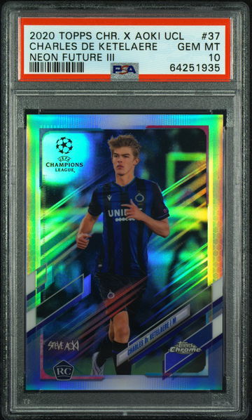 Charles de Ketelaere 2020 Topps Chrome UEFA Champions League Aoki Neon Future IV /75 ROOKIE PSA 10