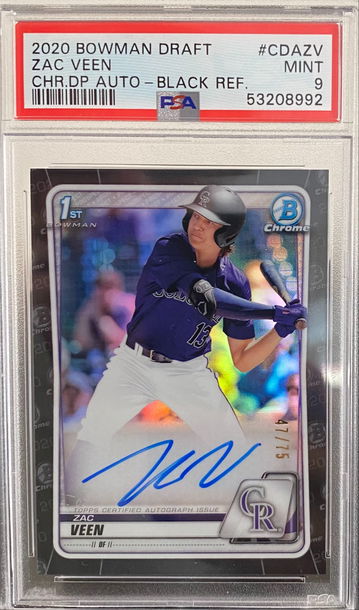 2020 Bowman Draft Chrome ZAC VEEN Black Refractor /75 PSA 9 MINT Rockies