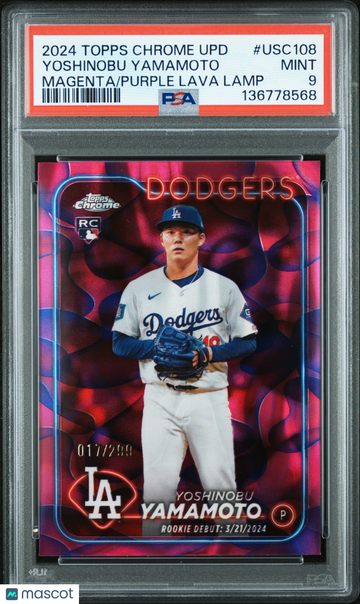 2024 Topps Chrome Update Yoshinobu Yamamoto #USC108 Magenta Purple Lava Lamp /299 Rookie PSA 9