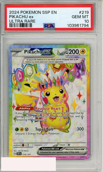 2024 POKEMON SSP EN-SURGING SPARKS PIKACHU EX #219 ULTRA RARE PSA 10