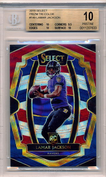 Lamar Jackson 2018 Panini Select Tri-Color Prizm 070/199 #149 Rookie Card RC BGS 10 Pristine Ravens