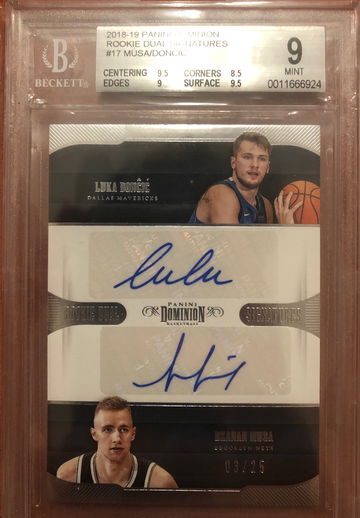 18-19 Panini Dominon Luka Doncic Rookie Dual Auto BGS 9 10 Auto Pop 1 Highest 