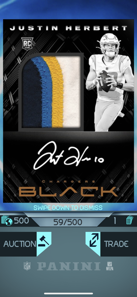 2020 Panini Black Justin Herbert limited autograph memorabilia /500