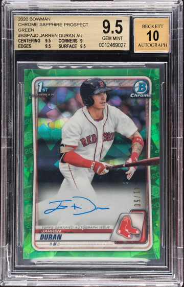 2020 Bowman Sapphire Chrome Prospect Autograph - Green /50 Jarren Duran