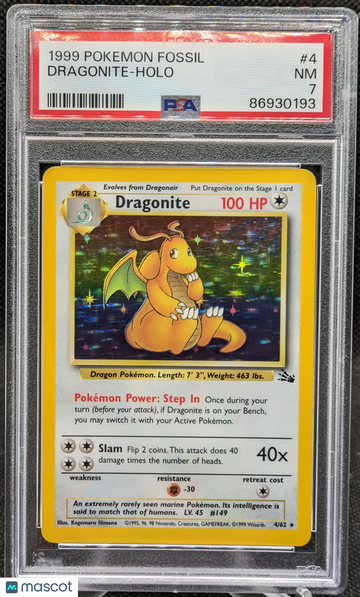 1999 Pokemon Fossil Dragonite Holo #4 PSA 7