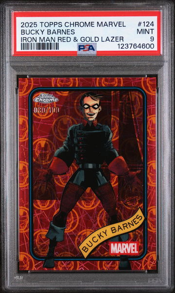 2025 Topps Chrome Marvel Iron Man Red & Gold Lazer Bucky Barnes #124 /100 PSA 9