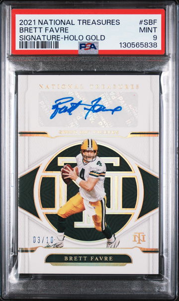 2021 Panini National Treasures Signatures Holo Gold Brett Favre #SBF /10 PSA 9