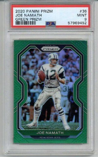 2020 PANINI PRIZM GREEN PRIZM #36 JOE NAMATH CARD NEW YORK JETS PSA 9 RARE