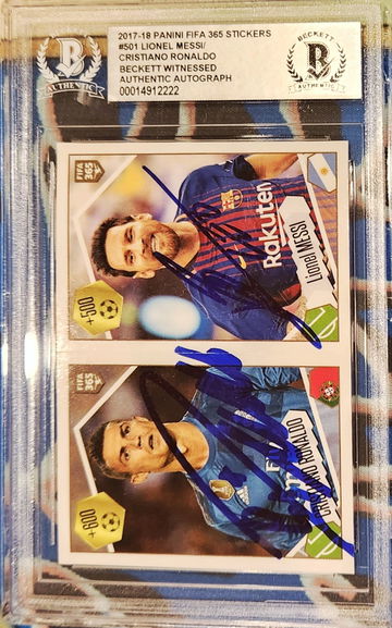 Lionel Messi Cristiano Ronaldo 2017-18 Panini FIFA 365 Sticker DUAL ON CARD AUTO OF THE TWO GOATS! BGS BAS Authentic