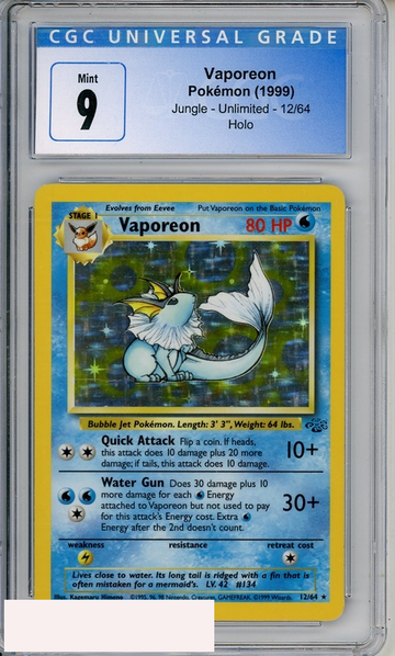 1999 POKEMON JUNGLE UNLIMITED VAPOREON #12 HOLO CGC 9