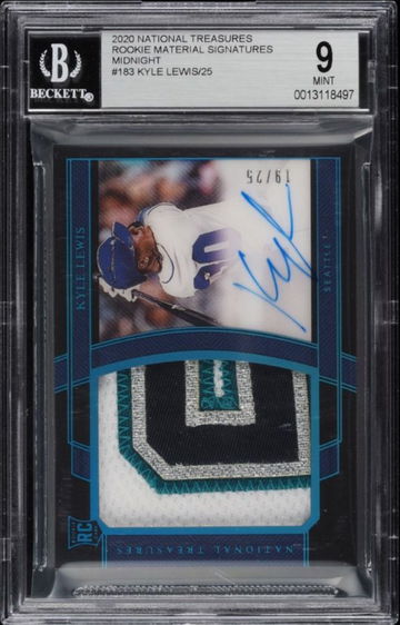 2020 NATIONAL TREASURES MIDNIGHT KYLE LEWIS ROOKIE PATCH AUTO /25 #183 BGS 9