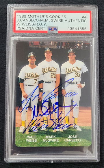 Mark McGwire Jose Canseco Walt Weiss triple signed 1989 Mother's Cookie PSA/DNA Authenticated RARE