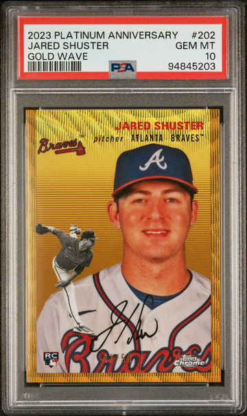 2023 Topps Chrome Platinum Anniversary Gold Wave Jared Shuster /50 RC PSA 10