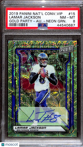 2019 Panini National Convention Vip Gold Party Lamar Jackson #15 Au Neon Green PSA 8