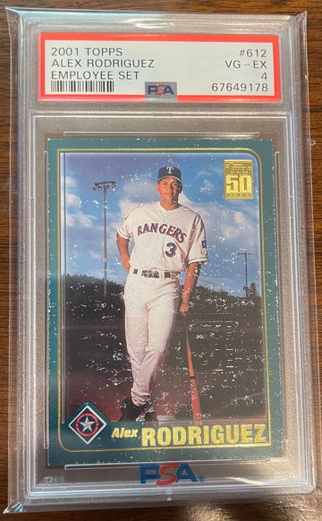ALEX RODRIGUEZ 2001 TOPPS BASEBALL EMPLOYEE SET #612 - PSA 4 TEXAS RANGERS. 