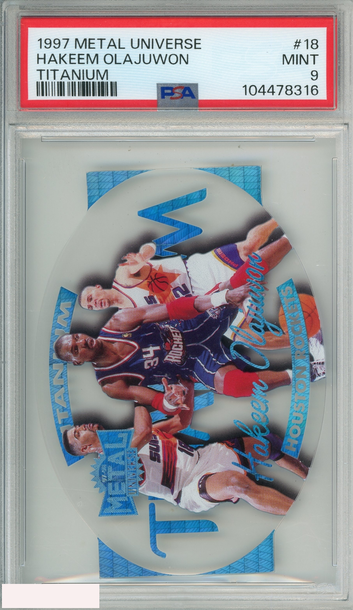 1997 METAL UNIVERSE TITANIUM HAKEEM OLAJUWON #18 ROCKETS HOF PSA 9 MINT