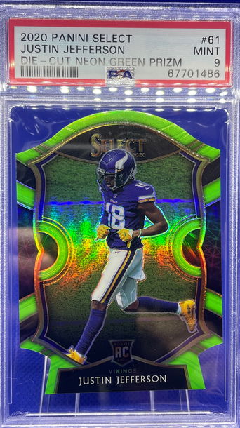 2020 PANINI SELECT JUSTIN JEFFERSON RC ROOKIE CONCOURSE NEON GREEN PSA 9 MINT SP
