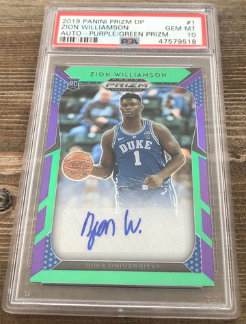 2019 panini prizm dp Zion Williamson rookie auto purple green prizm psa 10 3/5