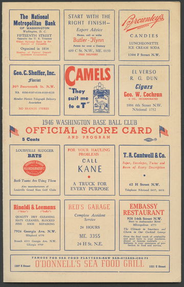  June 4th, 1946 Scorecard Cleveland Indians vs Wash Senators Feller 140th career win