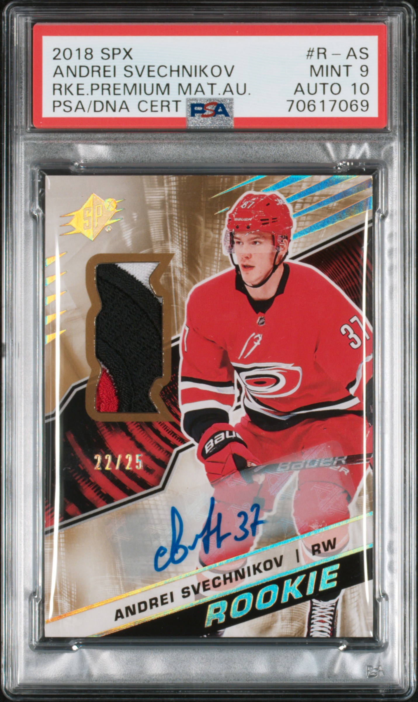 2018 SPX Rookie Premium Material Autograph Andrei Svechnikov PSA 9 POP 1!