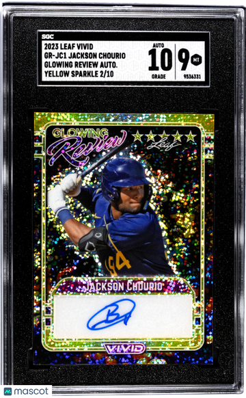2023 Leaf Vivid Jackson Chourio #GR-JC1 Glowing Review Autograph Yellow Sparkle SGC 9 Auto 10