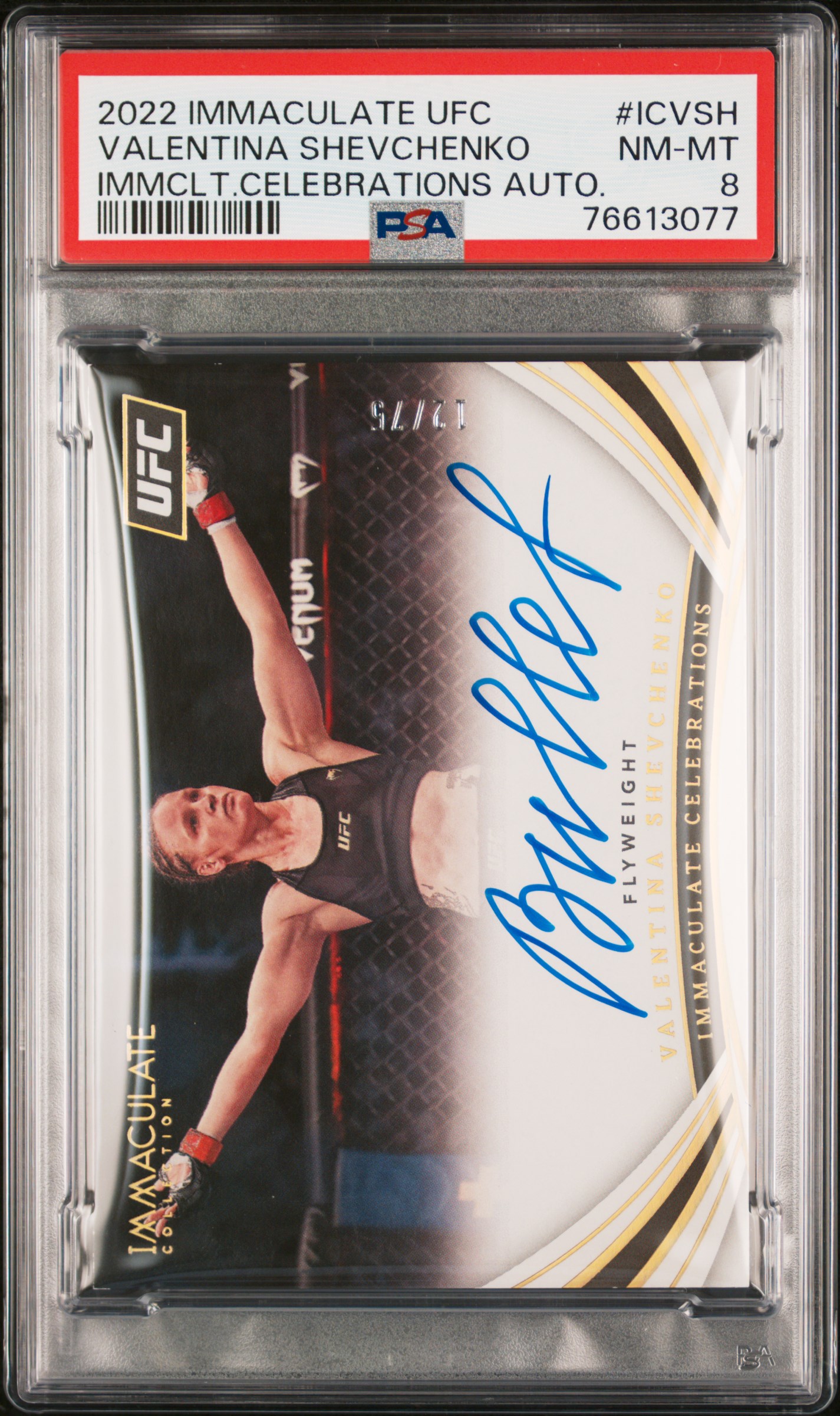 Valentina Shevchenko 2022 Panini Immaculate UFC Celebrations Auto 12/75 PSA 8