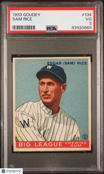 1933 Goudey #134 Sam Rice Senators PSA 3