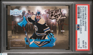 2022 Skybox Metal Universe Flash The Glove Elvis Merzlikins #FL20 Flash The Glove-Gold /99 PSA 8