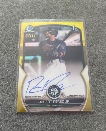 ROBERT PEREZ JR. 2023 BOWMAN YELLOW CHROME REFRACTOR AUTO /75 1ST RC ON CARD