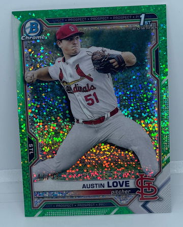 2021 Austin Love 1st Bowman Draft Green Speckle Refractor /99. St Louis Cardinals
