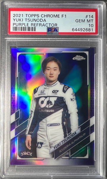 2021 Topps Chrome Formula 1 Yuki Tsunoda #14 PSA 10 Purple Portrait Refractor/399 RC rookie card F1