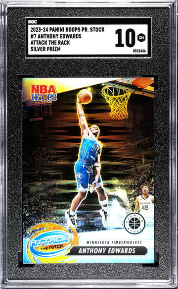 2023-24 Panini Hoops Premium Stock #7 Anthony Edwards Attack The Rack Silver Prizm SGC 10